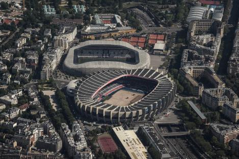 Aerial view of the Parc des Princes stadium and surrounding area in Paris.
