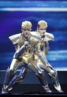 Jedward performing at the Eurovision Song Contest.