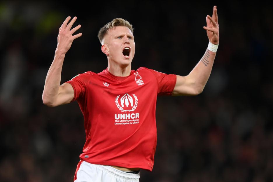 Sam Surridge of Nottingham Forest celebrating a goal that was later disallowed by VAR.
