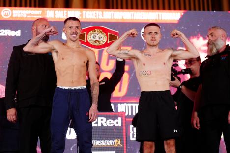Liam Davies and Kurt Walker (right) during the weigh in at the Albert Hall, Nottingham. Picture date: Friday May 9, 2025. PA Photo. See PA story BOXING Nottingham. Photo credit should read: Mike Egerton/PA Wire. RESTRICTIONS: Use subject to restrictions. Editorial use only, no commercial use without prior consent from rights holder.