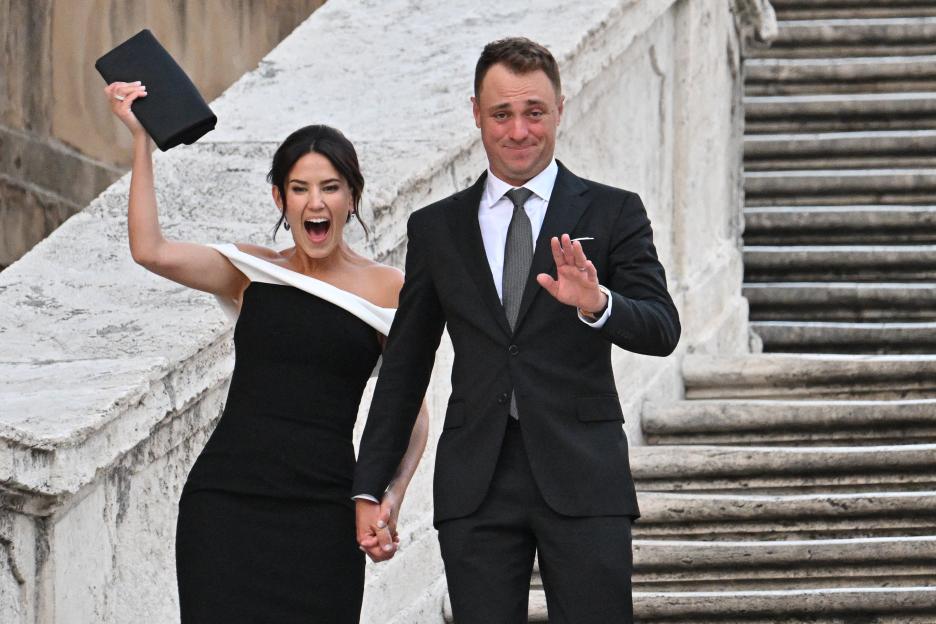 Golfer Justin Thomas and his wife Jillian Wisniewski arriving for a photo on the Spanish Steps ahead of the 44th Ryder Cup.