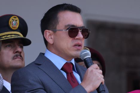 Ecuadorian President Daniel Noboa speaking at a ceremony.