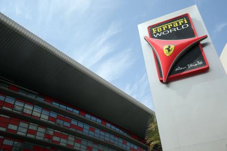 Ferrari World Abu Dhabi sign and building exterior.