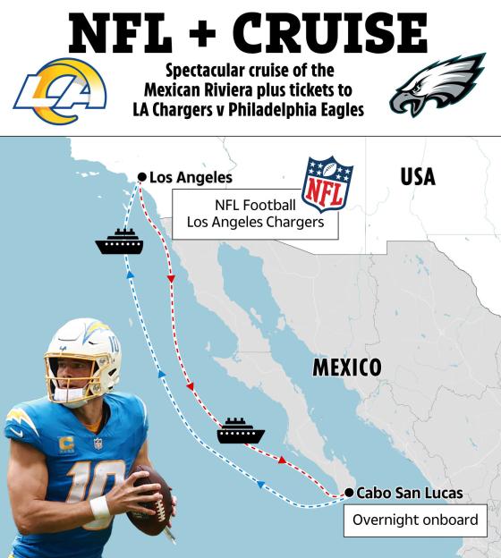 Illustration of an NFL cruise to the Mexican Riviera with Los Angeles Chargers and Philadelphia Eagles logos.