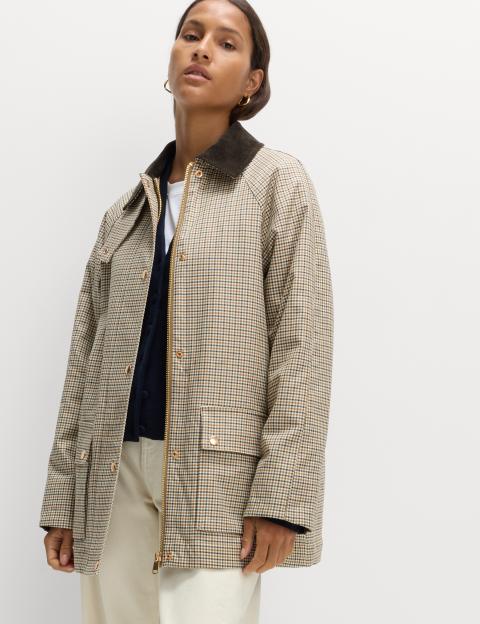 Model wearing a beige and brown checkered jacket.
