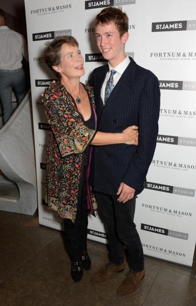 Celia Imrie embracing her son, Angus Imrie, at an after-party.