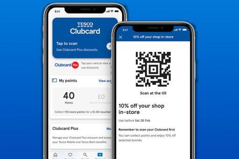 Tesco Clubcard app showing points balance and in-store discount QR code.