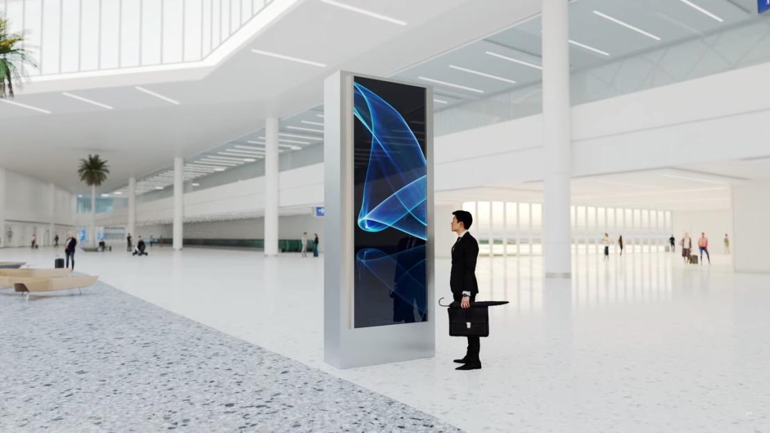 Illustration of a man in a suit looking at a large digital display in a modern airport terminal.