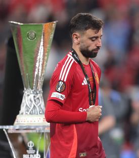 Bruno Fernandes with a runner-up medal after the UEFA Europa League Final.