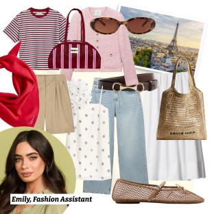 Collage of Emily's Parisian-inspired fashion outfit.