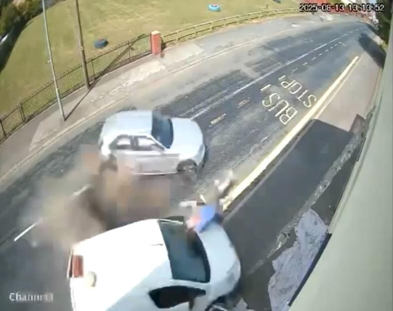 Moment unsuspecting painter is sent flying through air in terrifying crash after car comes out of nowhere