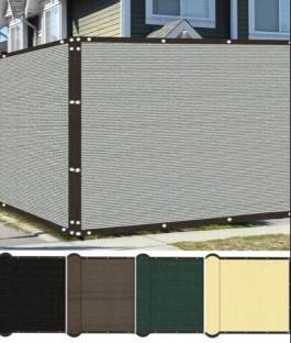 Privacy screen installed on a fence, shown in four colors.