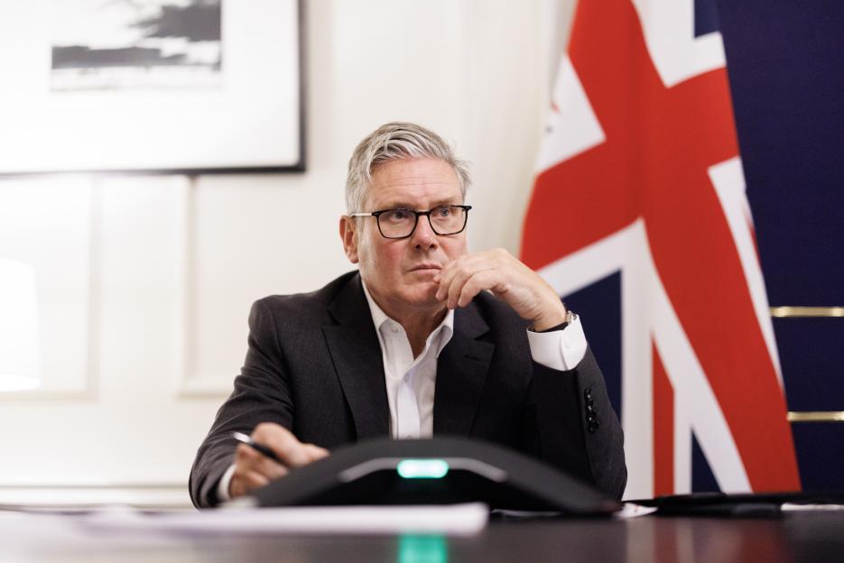 Prime Minister Keir Starmer on a call from his office in 10 Downing Street.