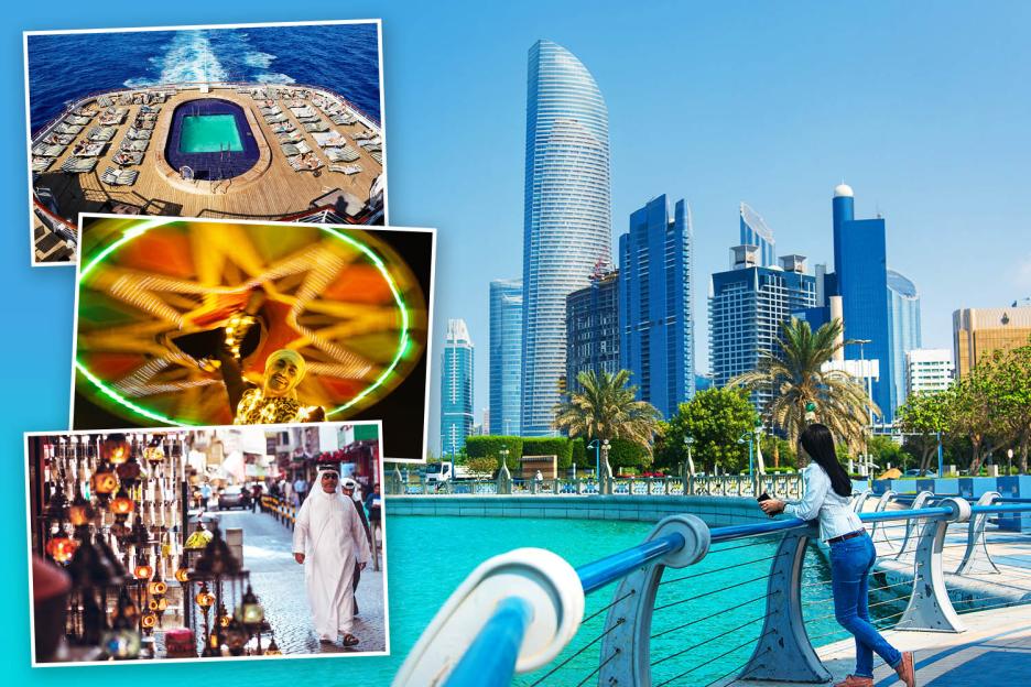Collage of a cruise ship pool deck, a city skyline, a street scene, and a whirling performer.
