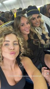 Lydia Bright is seen for the first time since being embroiled in ex James Argent's row with girlfriend Nicoline Artursson as she jets to Ibiza for pal Georgia Kousoulou's hen party