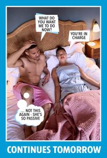 Illustration of a couple in bed, with speech bubbles indicating a conversation about intimacy.