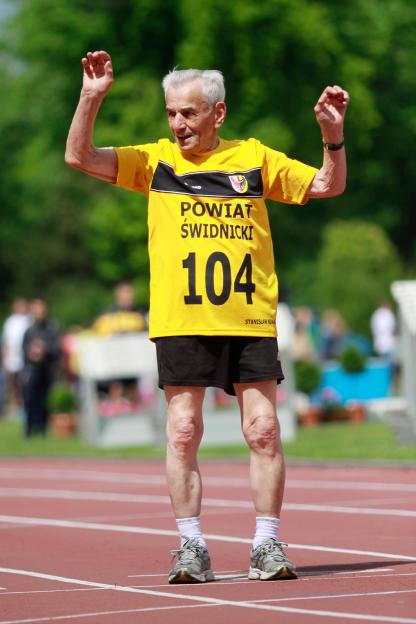 104-year-old Stanislaw Kowalski after setting a new European record for the 100-meter race.
