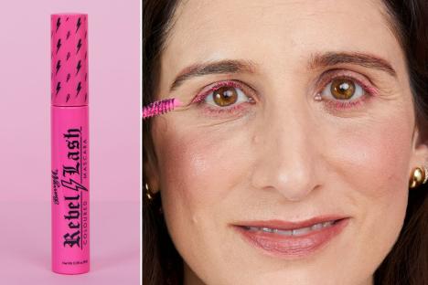An image collage containing 2 images, Image 1 shows Pink Barry M Rebel Lash colored mascara, Image 2 shows Woman applying pink mascara