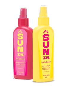 Two bottles of Sun-In hair lightener; one pink (Tropical Breeze), one yellow (Lemon Fresh).