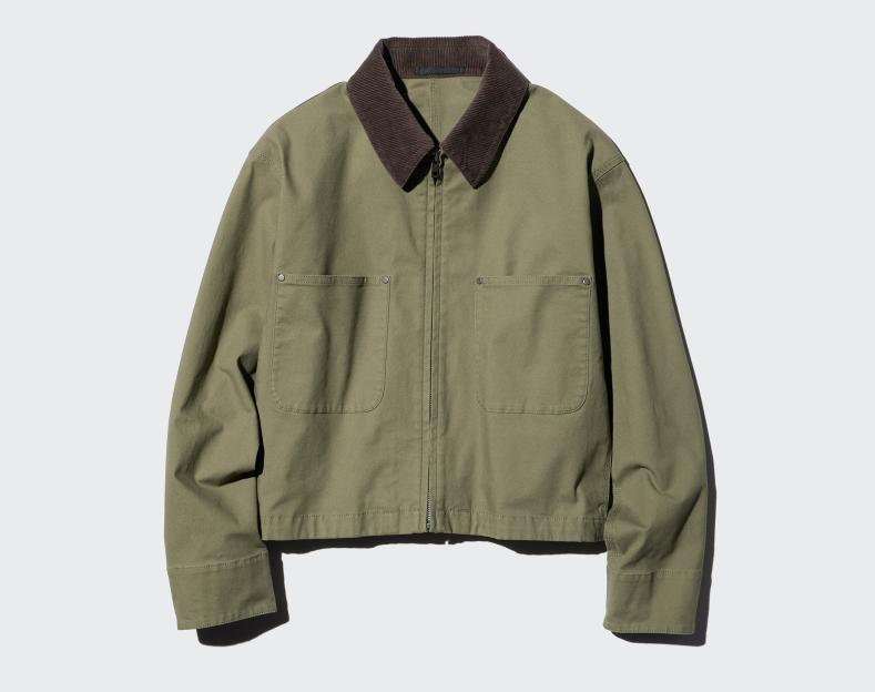 Olive green cropped zip-up jacket with brown corduroy collar.