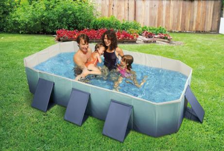 Family enjoying a backyard pool.