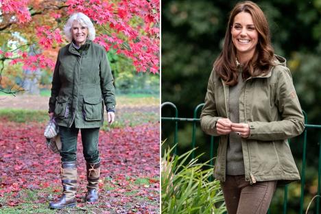 An image collage containing 2 images, Image 1 shows Camilla, Duchess of Cornwall, standing among autumn leaves, Image 2 shows Catherine, Duchess of Cambridge, visiting Sayers Croft Forest School and Wildlife Garden
