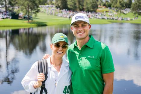 Ludvig Aberg of Sweden with his girlfriend Olivia Peet at the Masters Tournament.