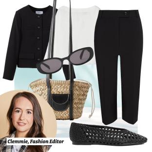 Collage of women's fashion items and fashion editor.