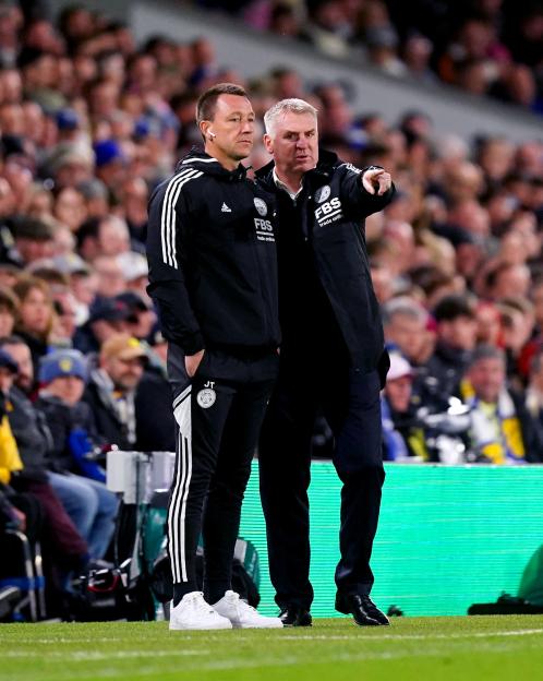 Leicester City manager Dean Smith and first team coach John Terry at a Premier League match.