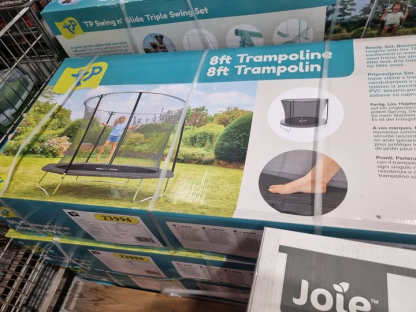 Box showing an 8ft trampoline with safety net.