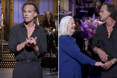 Walton Goggins hits back at cruel comments about his appearance and slow dances with his mom in moving SNL debut