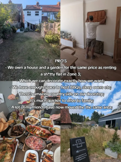 Collage of a house with a garden, a man decorating a room, a table with various dishes, and a building with an "OJAS SAUNA" sign.