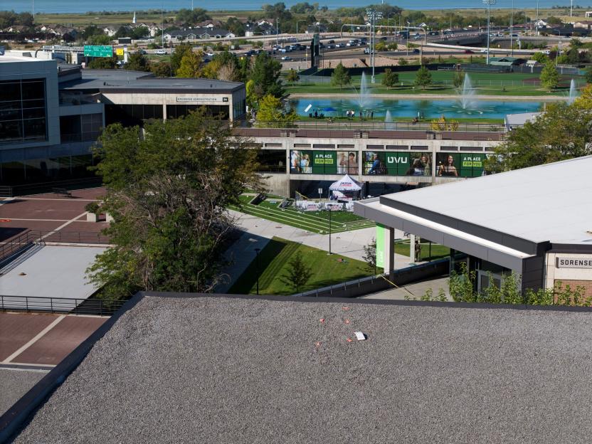 Drone view of the reported location of a shooter on a rooftop at Utah Valley University.