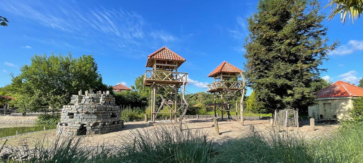 Adventure park displaying giant Lego blocks and an airplane.