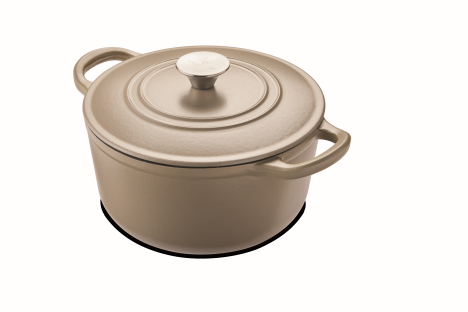 Beige cast iron pot with lid and handles.
