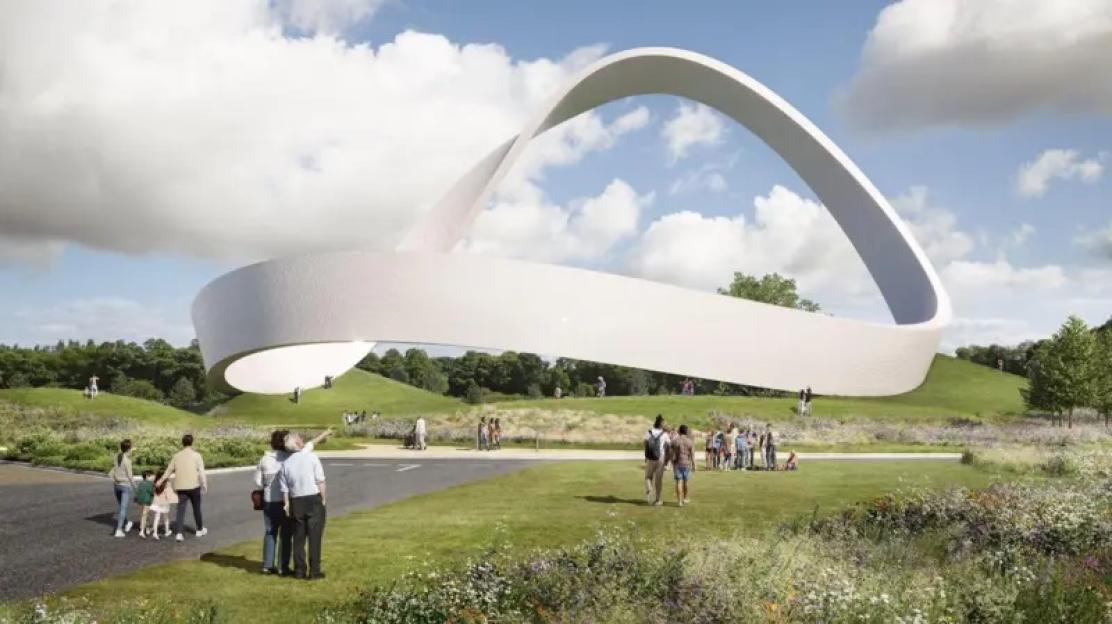Illustration of the UK’s National Covid Memorial, a white, Mobius-strip-like structure curving over a green, grassy landscape with many people.