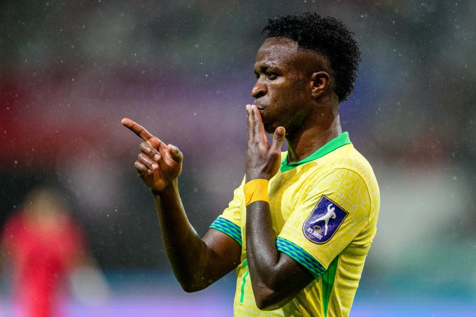 Brazil's Vinícius Jr. celebrates scoring a goal.