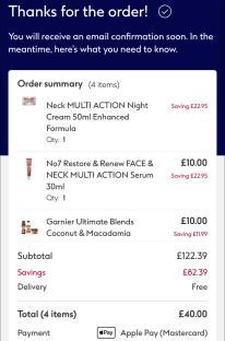 Order summary showing £40.00 total cost after £82.39 savings on four beauty products.