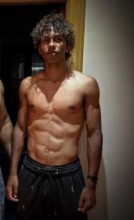 David Haye and his son Cassius Haye shirtless.