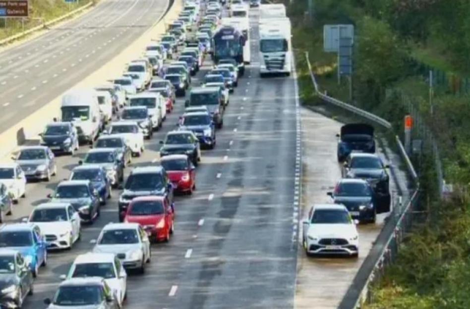 Heavy traffic jam on a highway.