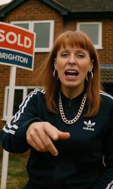 Woman in Adidas tracksuit pointing at a house with a "SOLD" sign.