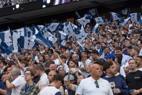 Tottenham Hotspur fans waving flags at a match.