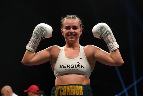 Georgia O'Connor celebrates a boxing victory.