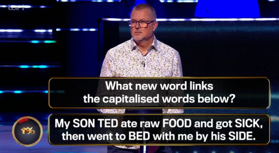 Screenshot of a game show contestant and a word puzzle: