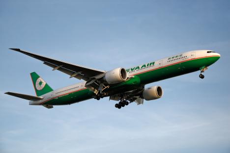 Eva Air Boeing 777-300ER landing at London Heathrow.