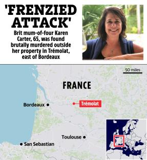 Map showing the location of TrÃ©molat, France, where Karen Carter was murdered, and a photo of Carter.