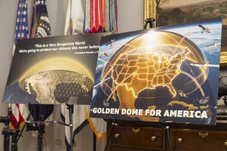 Illustrations of the Golden Dome for America missile defense shield.
