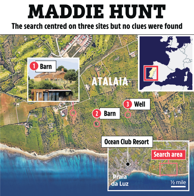 Map showing three search sites in Portugal during the Maddie Hunt investigation.