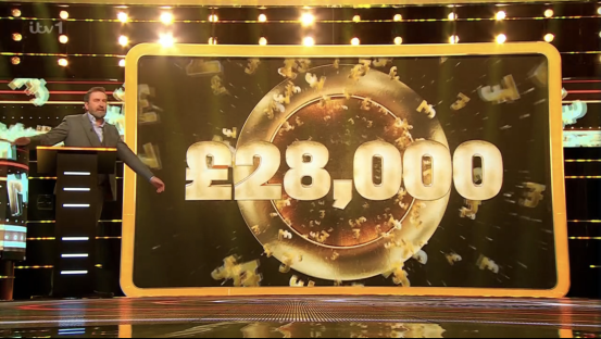 Screenshot of a game show revealing a £28,000 prize.