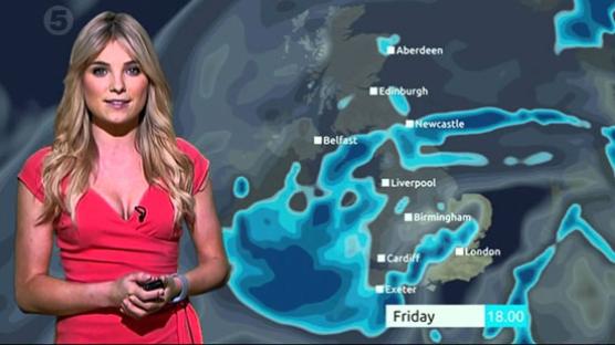 Sian Welby presenting a Channel 5 weather forecast.